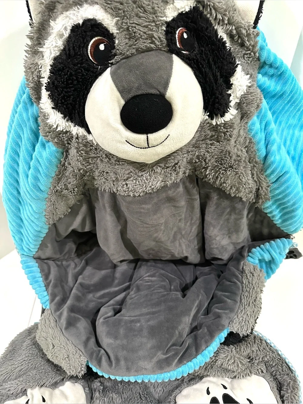 Hug Fun Animal Raccoon Sleeping Bag Nap Sack Plush Soft Kids Blue Grey Fuzzy 64”
